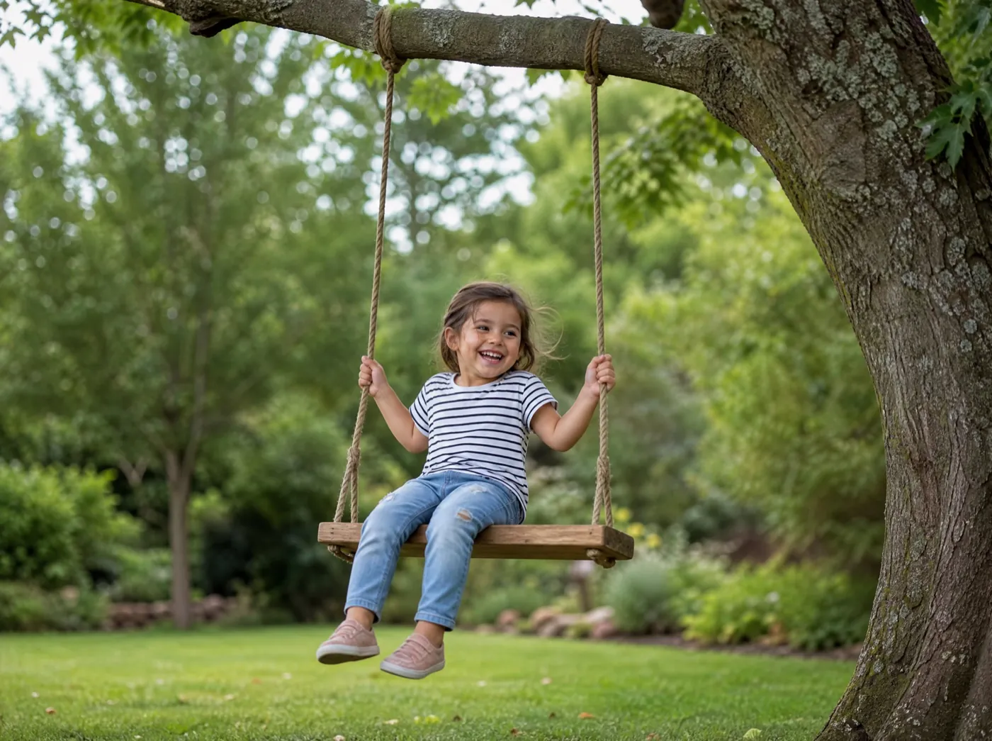 Niña en un columpio de madera hecho a mano, colgado con cuerda de un árbol