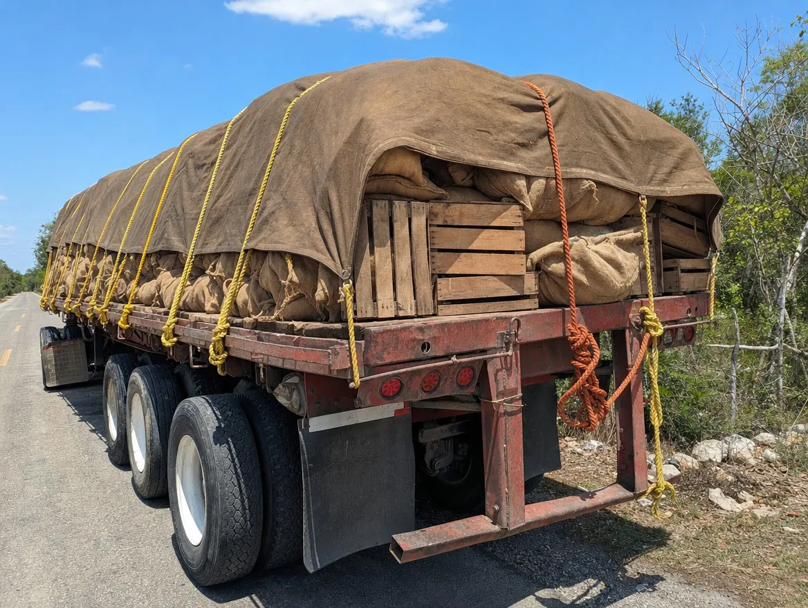 Tráiler con carga amarrada con cuerdas de polipropileno